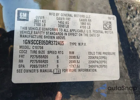 2013 Chevrolet Tahoe Ltz z USA, uszkodzony, nr VIN 1GNSCCE05DR372405